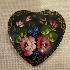 Floral Hand Painted Heart-Shaped Brooch